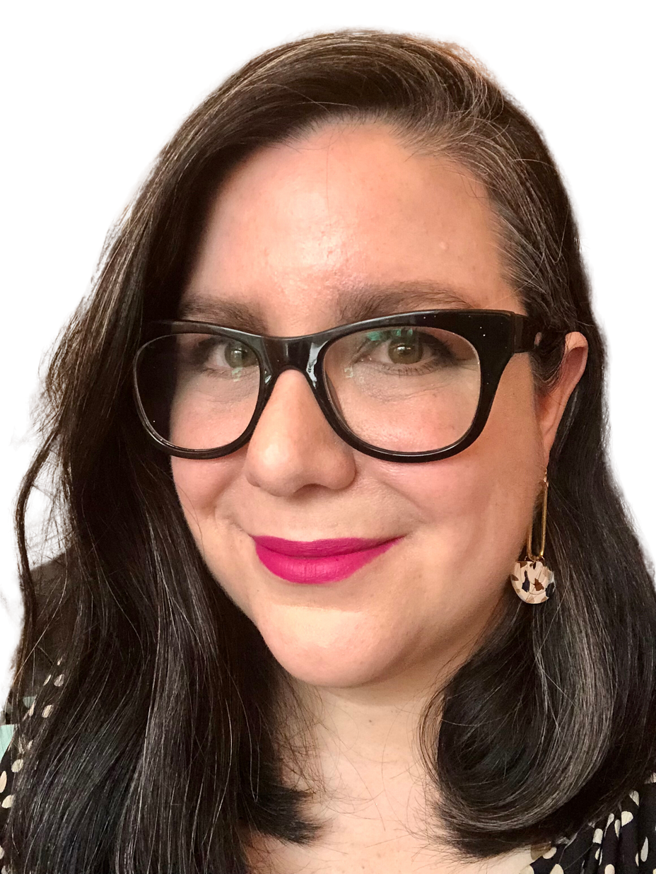 A smiling mid-fat white woman with wavy black and grey hair, black glasses, and pink lipstick. 